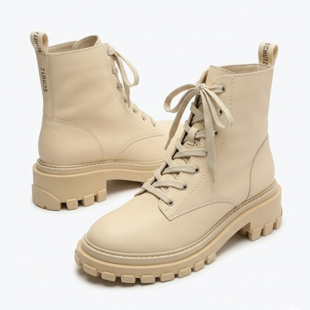 Schutz Orly Moto Platform Boots Cream Women’s Size 9 Biker Style